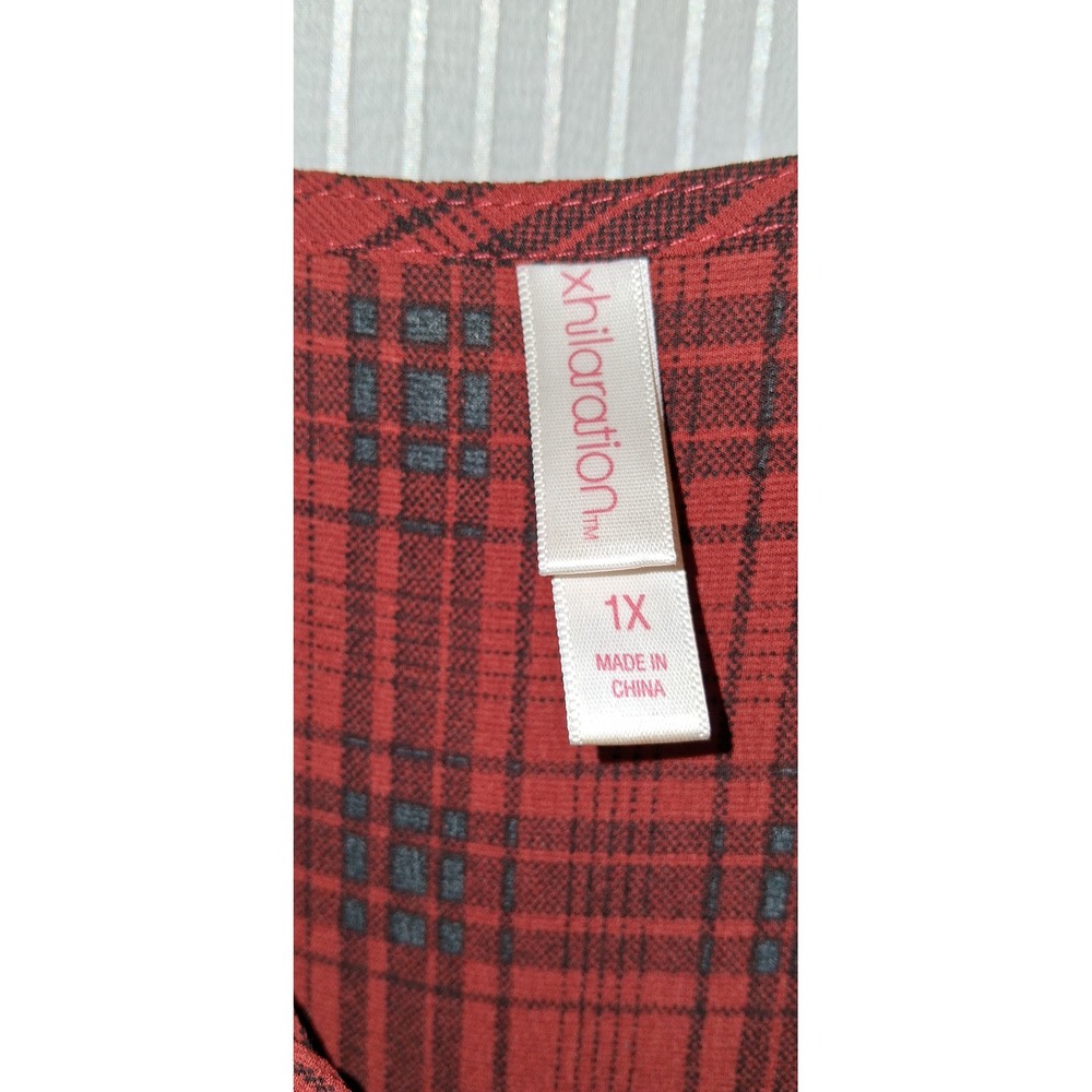 Xhilaration Womens 1X Plaid‎ Bell Sleeve Tie Neck Blouse Red Black Shirt Top - Picture 5 of 6